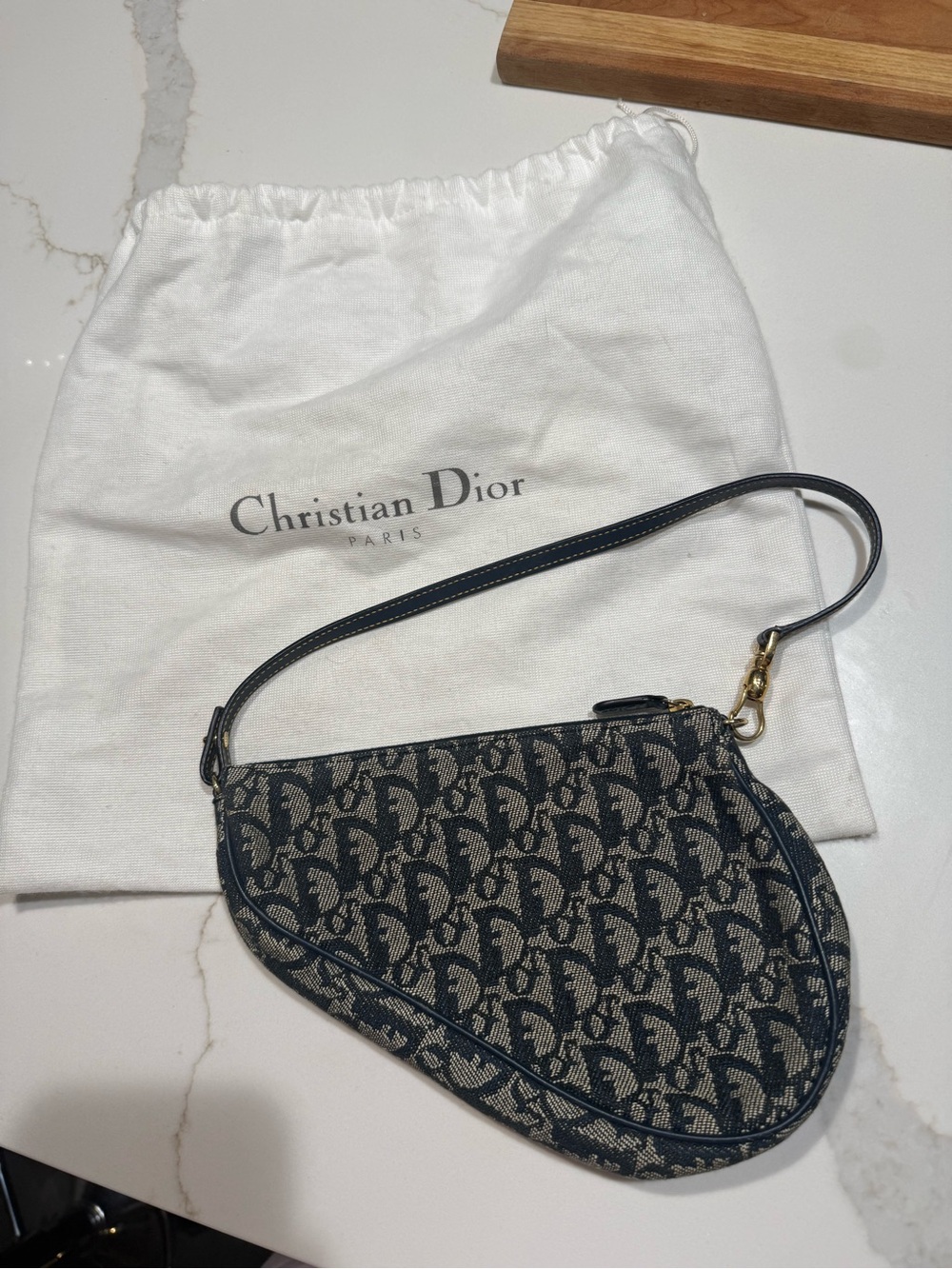 Authentic Vintage Christian Dior Oblique Navy Blue Saddle Pochette Shoulder Bag